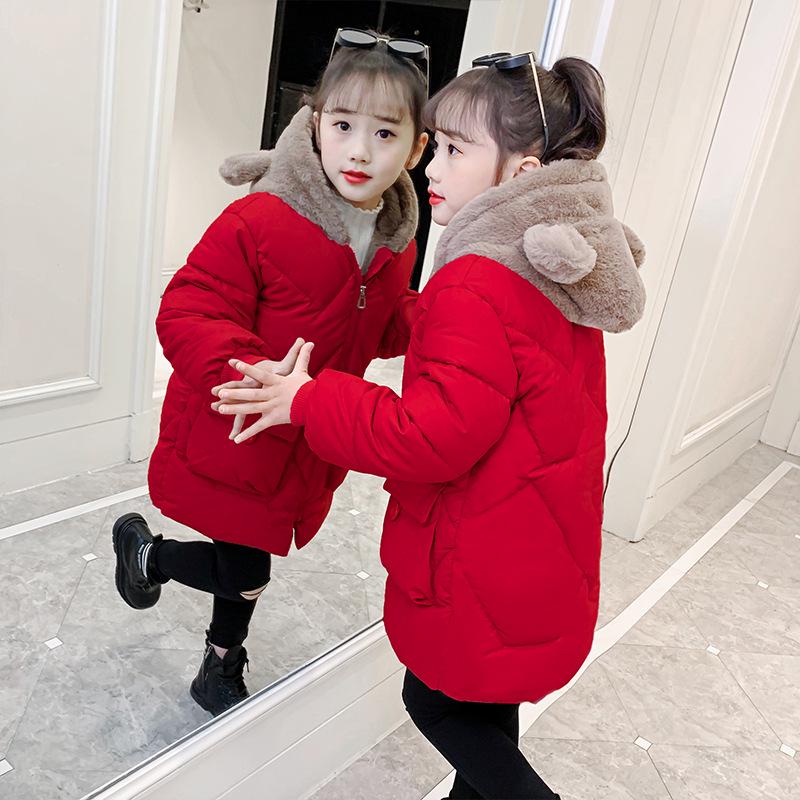 Winterlicher Mädchen-Baumwollmantel mit Kapuze im koreanischen Stil mit Fleecefutter - Mittellange und warme Jacke