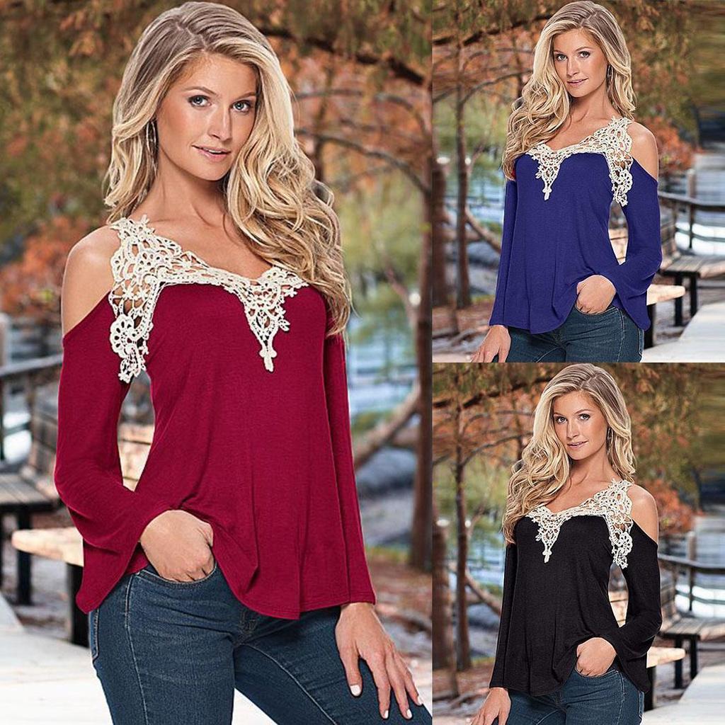 Women Loose Casual Off Shoulder Long Sleeve Lace Splicing Shirt Tops Blouse With Vneck Design