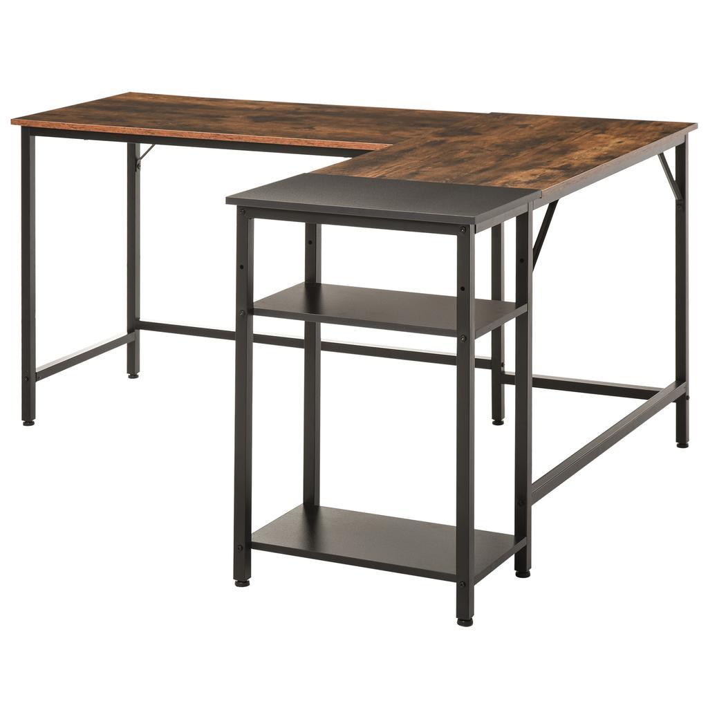 Industrial Design Office Desk Corner Desk 2 Shelves CPU Printer Stand Old Wood Look Black Metal