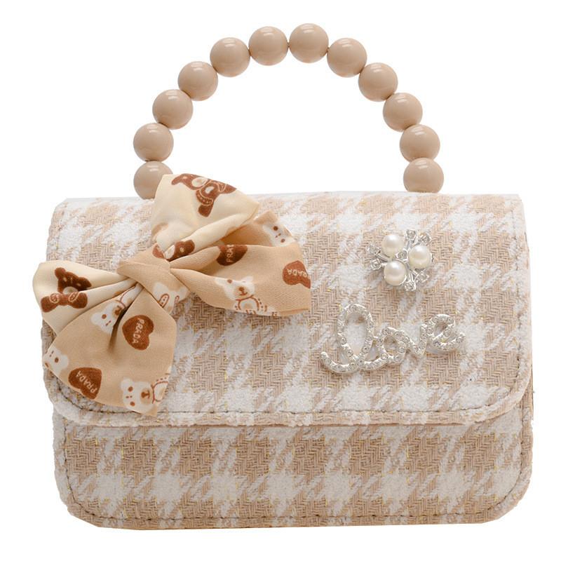 Fashion Simulation Pearl Bow Design Whoundstooth Pattern Children Shoulder Bag For Daily Use
