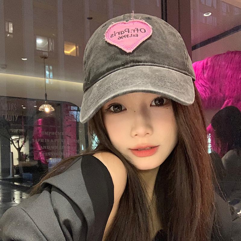 Cute Heart Patch Baseball Cap Adjustable Cotton Sun Hat For Spring Summer And