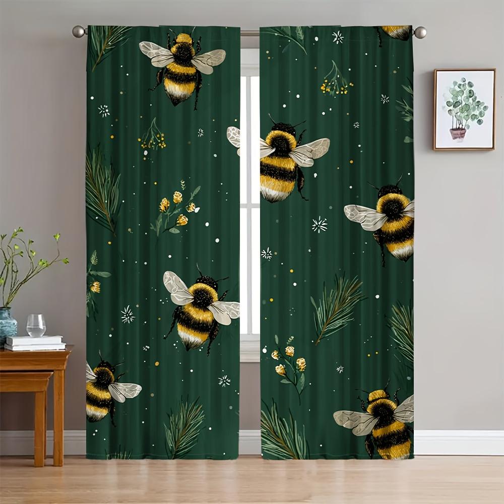 2pc Luxurious Living Room Curtains Bee and Botanical Pattern Green Foliage Printed Drapes for Modern Home Decor Window 60×150cm