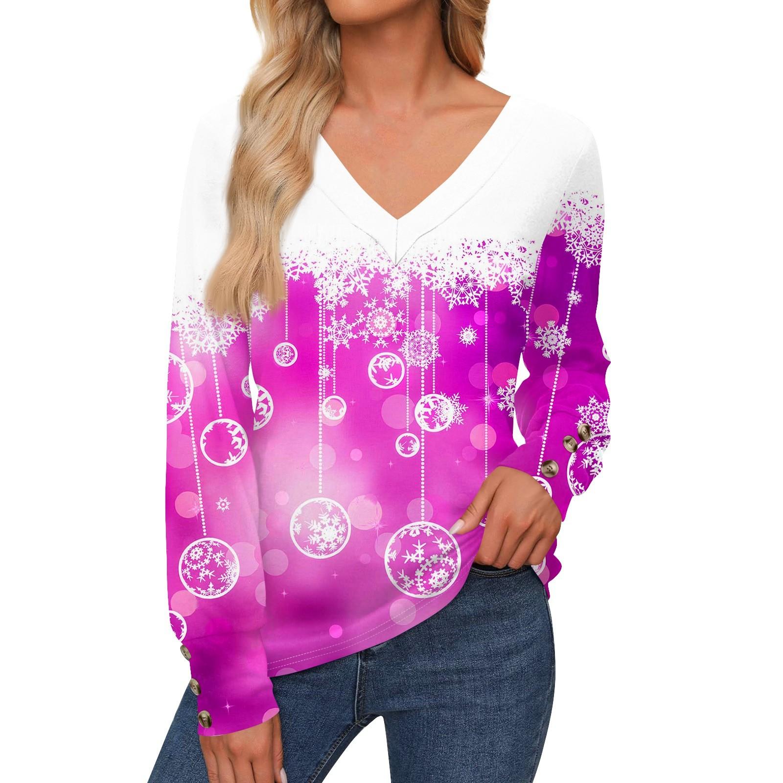 

Женская повседневная модная рождественская рубашка со снежинками и длинными рукавами, манжетами на пуговицах, с V-образным вырезом, свободная футболка, осенняя одежда XL фиолетовый