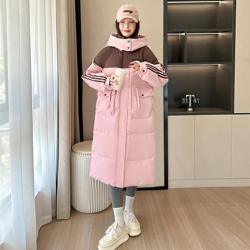 

Модная женская куртка с капюшоном на пуху, длиной ниже колена, свободного кроя, тонкая, контрастных цветов, длинная куртка на хлопковой подкладке, трендовая XXL