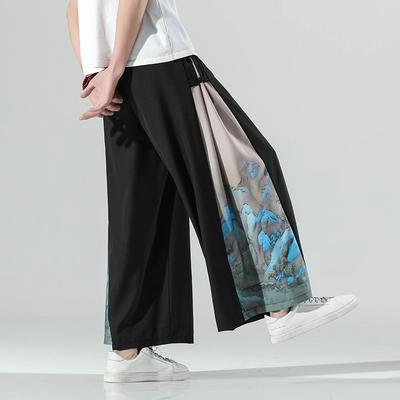 National Style Chinese Style Color Matching Wide-leg Pants Men's Summer Thin Casual Wide Pants Plus Size Trousers