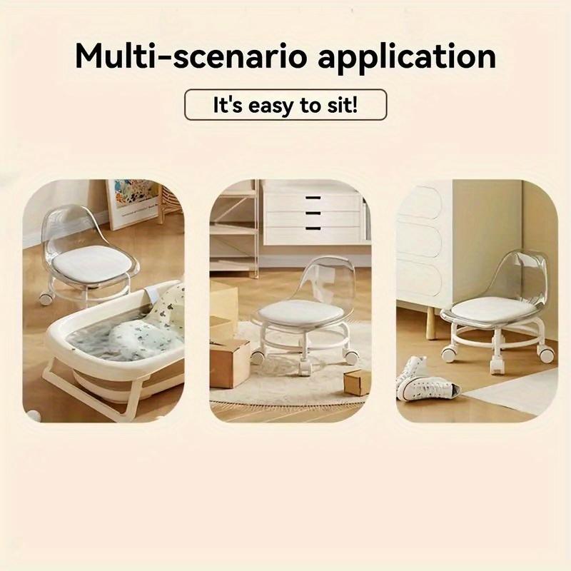 Modern 360° Rotating Crystal Stool with Wheels – Transparent Plastic Seat & Cushion, Casters for Easy Mobility, Perfect for Office and Home Use