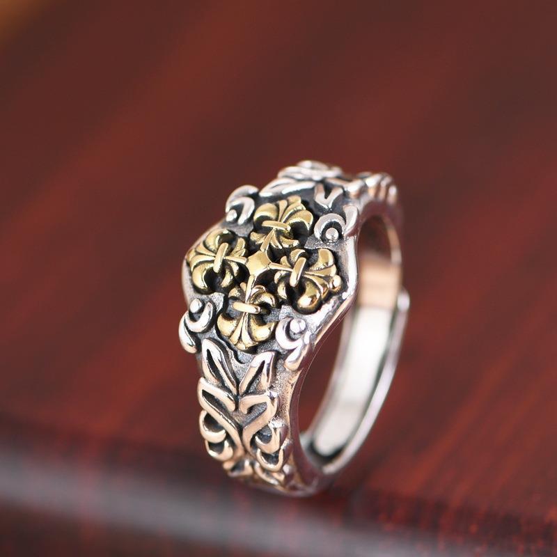 Adjustable Open Ring Men Women Vintage Cross Flower Design Retro Geometric Finger Plated