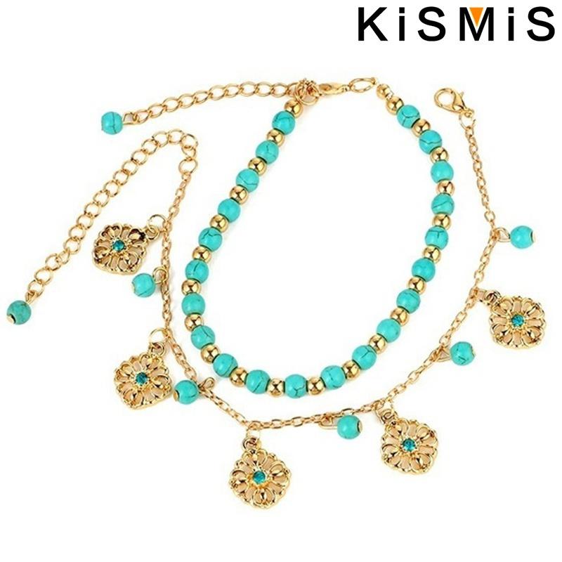 2Pcs Set Summer Ankle Bracelet for Women Girls Blue Imitation Turquoise Pearl Anklet Jewelry Foot Chain Accessories золотой