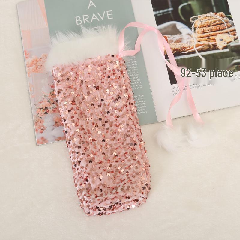 Qiao Ding Christmas Sequin Wine Bottle Cover Set – Plush Drawstring Table Decoration