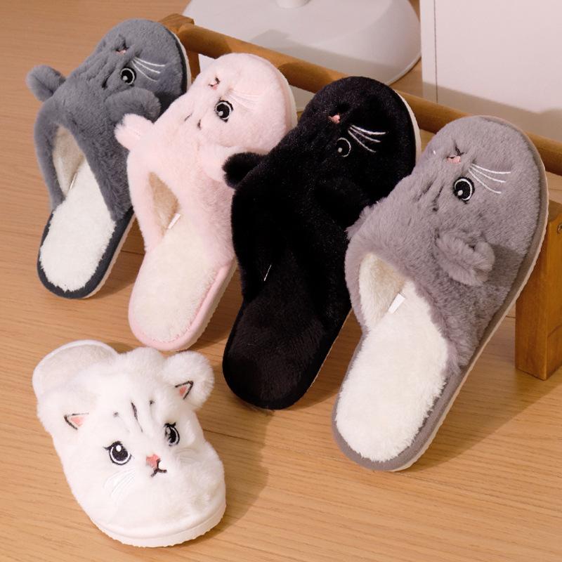 Cute Cat Slippers Women's Plush Slippers Cartoon Kitten Pattern, Warm Indoor House Shoes for Autumn and Winter, Unisex Soft Slippers, Couple Slippers