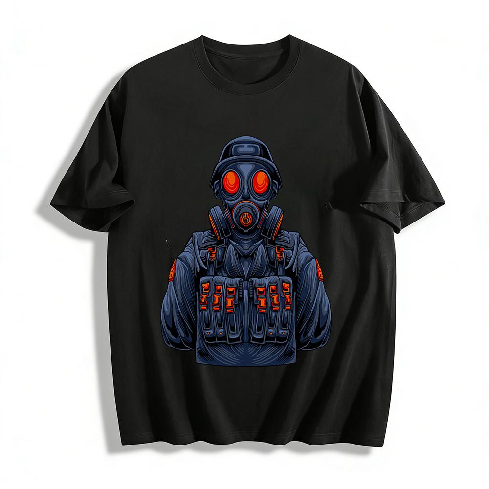 Tactical Gas Mask Print Streetwear Cool Functional Style Loose Tee Pure cotton T-shirt XXS