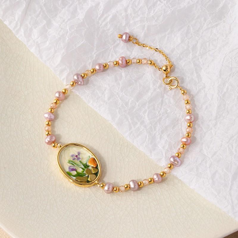 Handmade Floral Pearl Bracelet Women With Freshwater 18K Gold Plated Alloy Sweet Elegant Jewelry Accessory