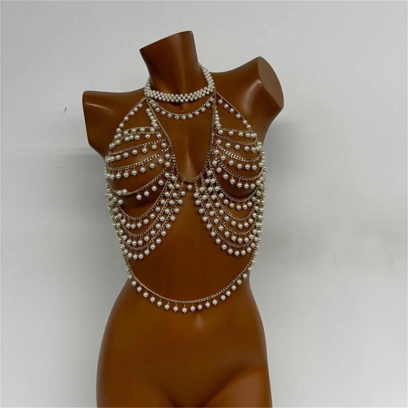 Multi Layer Pearls Beaded Halter Neck Bra Vest for Women Hollowed Chest Chain Body Jewelry Bralette Raves Party Clubwear