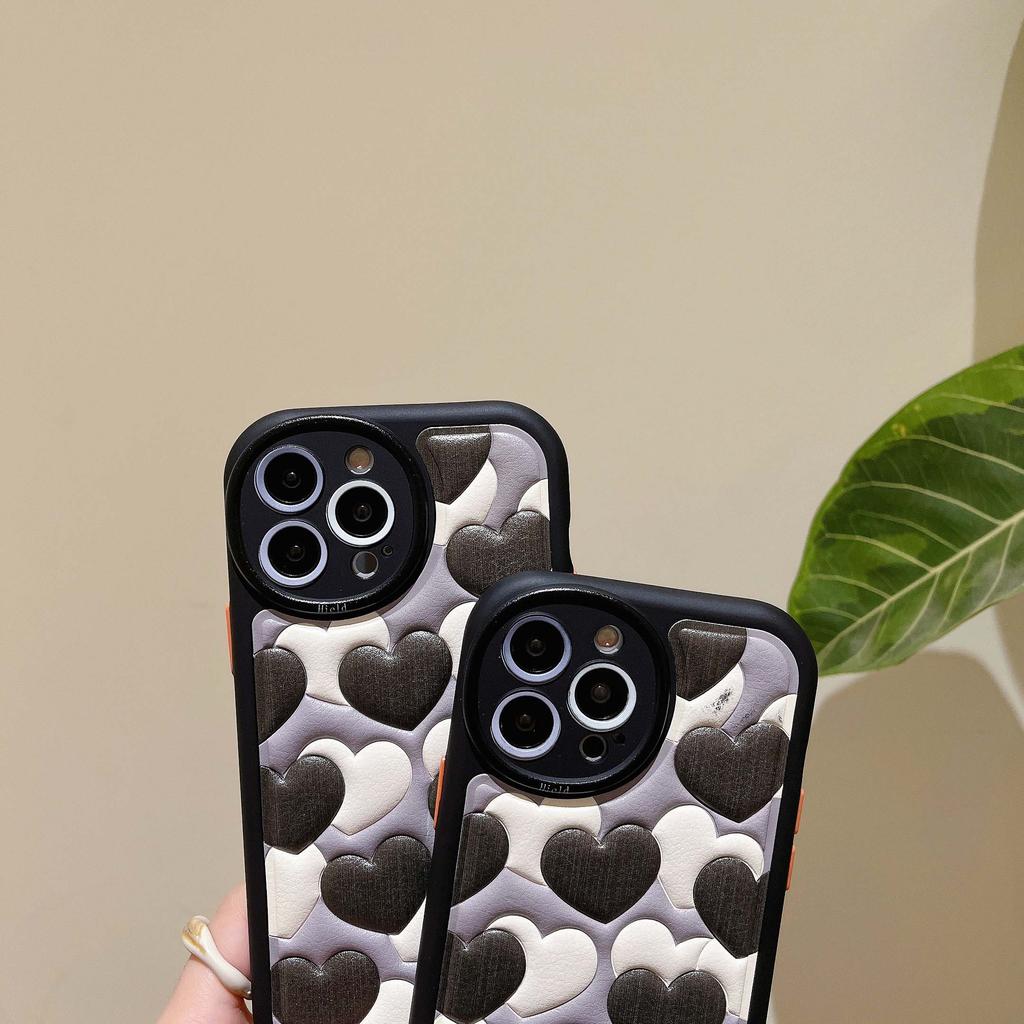 Leather Relif Cartoon Love Black White Heart Ins Shockproof Phone Case For Iphone 13 12 14 Pro Max 11 Promax Back Cover Capa