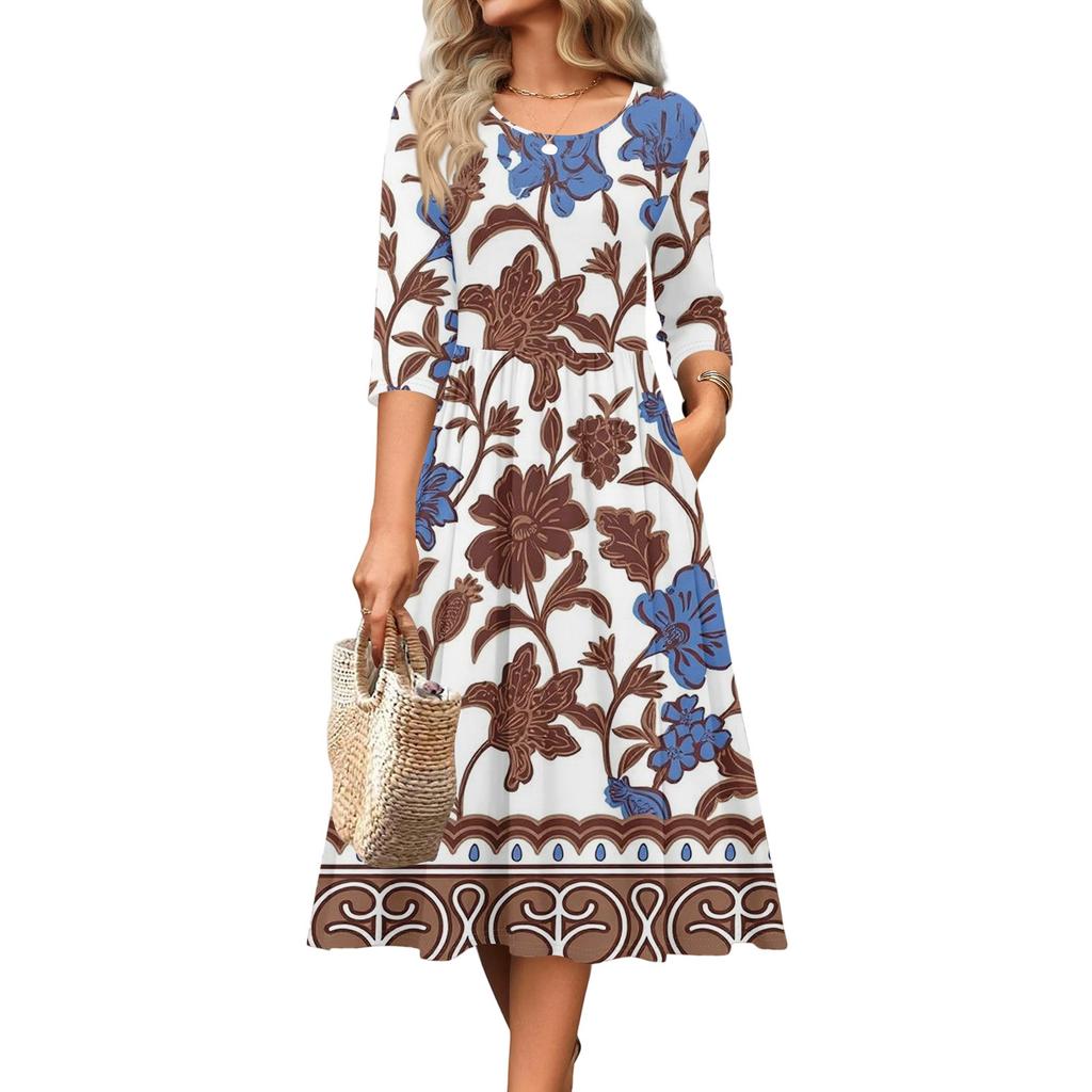 3/4 Sleeve Women's Dress Casual Flowy A-Line Midi Tshirt Dresses With Pockets Crewneck Vocation Boho Beach Sundress