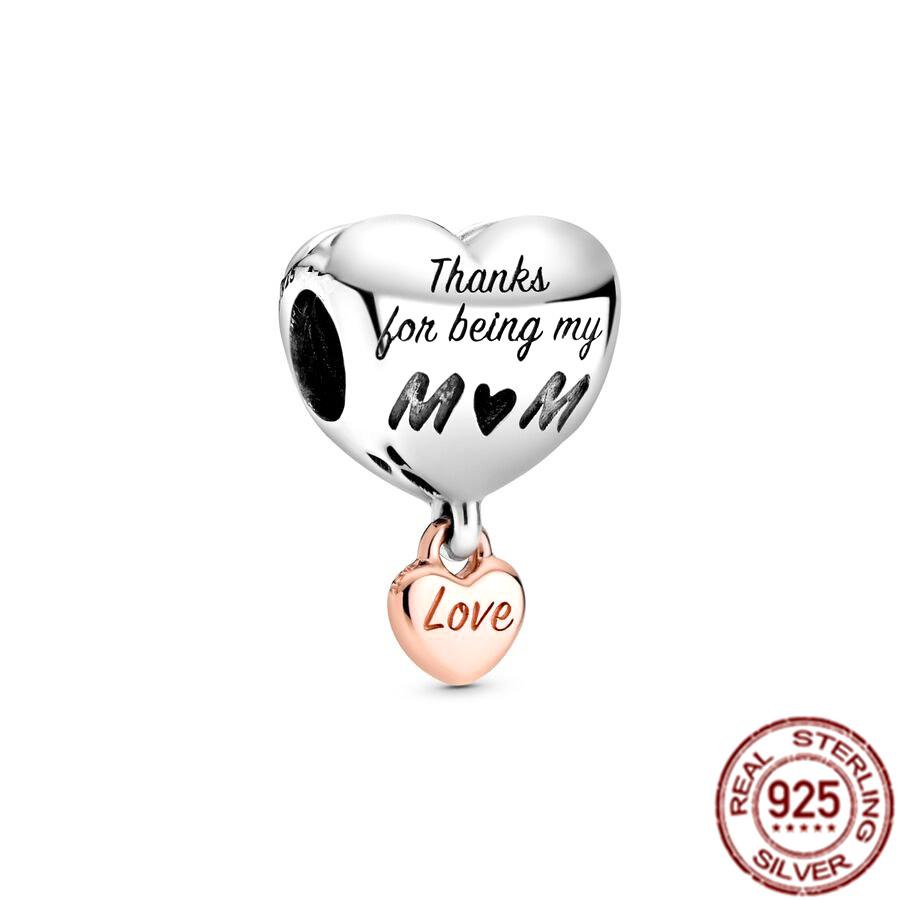 Fine S925 Sterling Silver Love You Mom Double Heart Split Dangle Charm Beads Fit Original  Bracelet DIY Women Jewelry Gift
