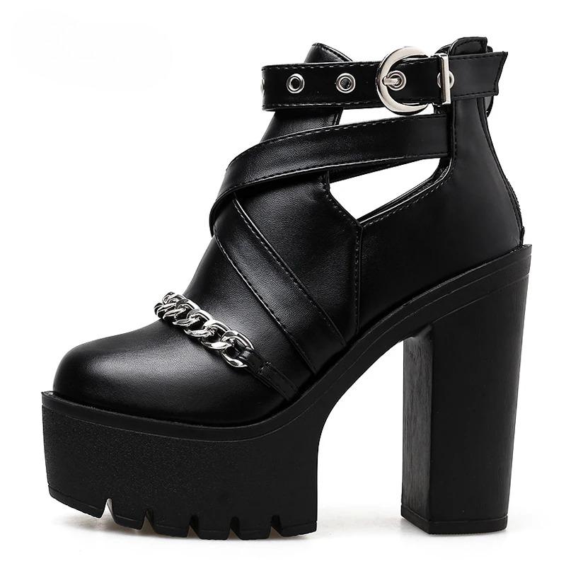 Plus Size 42 Fashion Chain Women Shoes Zipper Square High Heel Ankle Boots for Women Punk Shoes Platform Spring Autumn