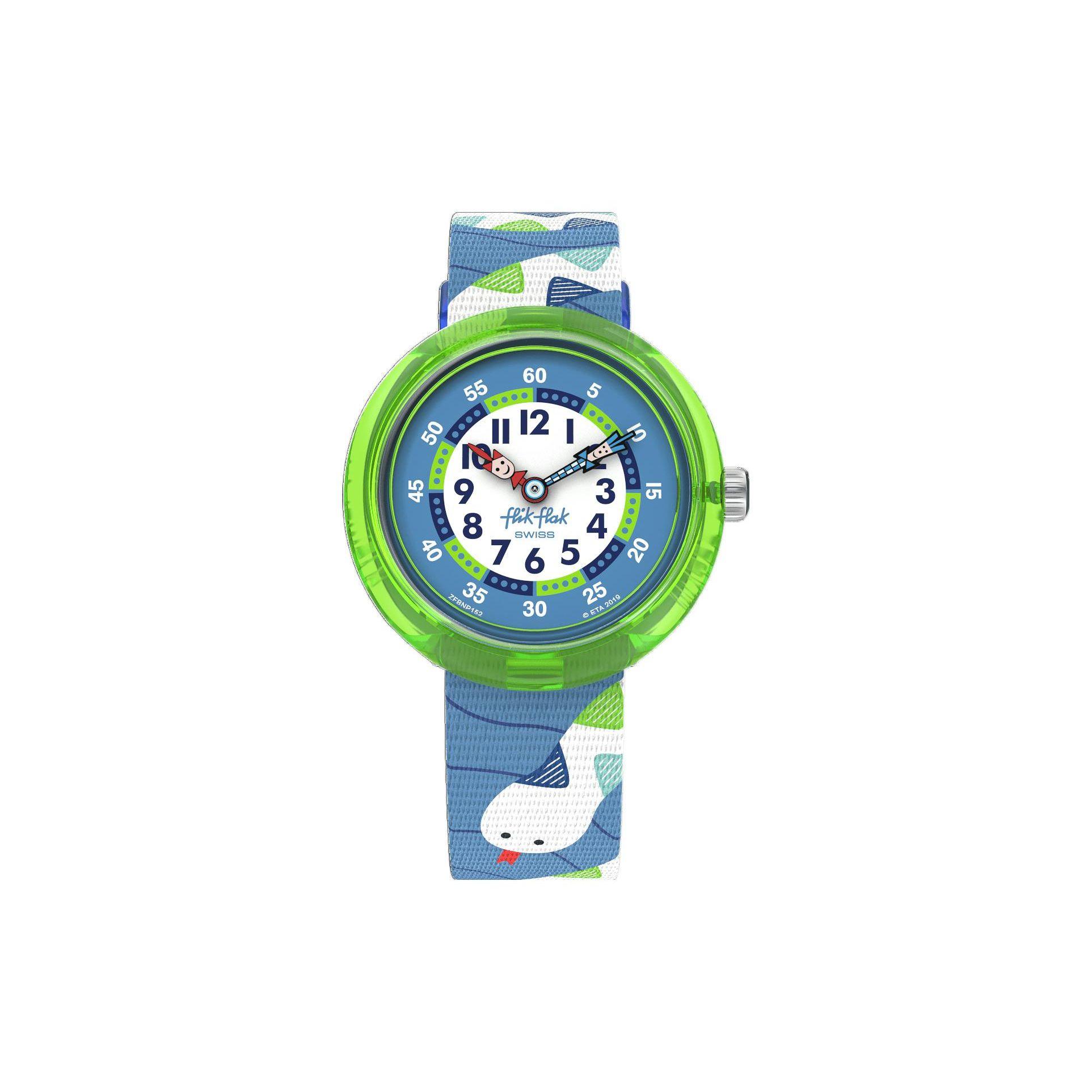 

Swatch Quartz Movement 30m Waterproof Kids Watch 31.85mm Blue Dial Plastic Case Recycled PET Strap Kids watches ZFBNP152C Blue Green