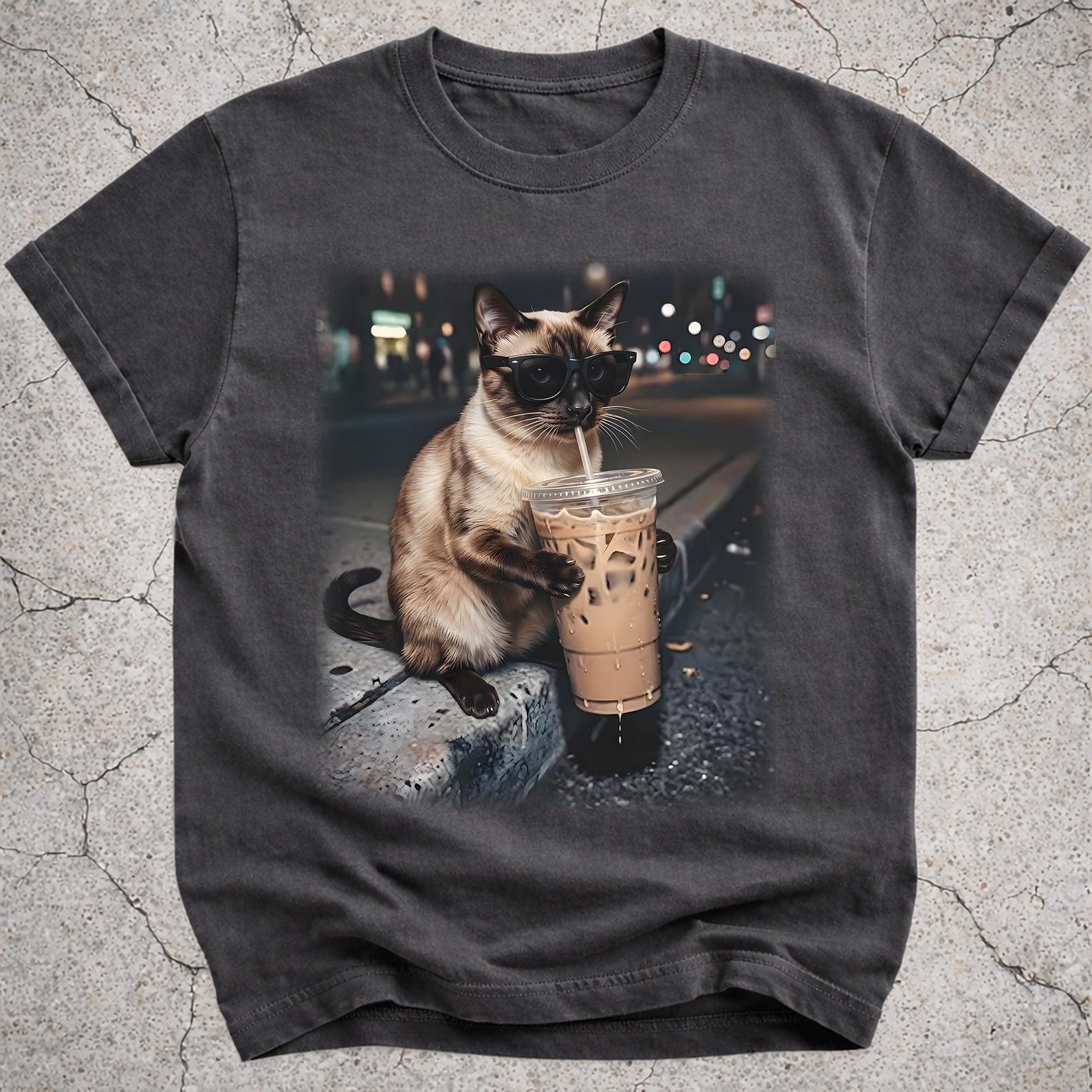 Funny Siamese Cat Drinking Iced Coffee Shirt, Cat Lover Gift, Animal Meme Tee 4XL