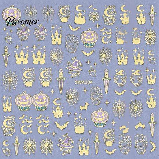 Suministros para Salón de Uñas Pegatinas de Arte 3D de Halloween, Calabaza Metálica Dorada, Fantasma, Telaraña, Decoraciones Fáciles de Aplicar, Pegatinas de Sombrero de Bruja, Autoadhesivas
