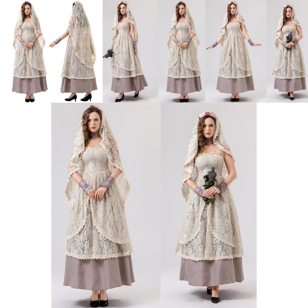 Chic Lace Long Gown With Hood And Accessories For Halloween Female Costume