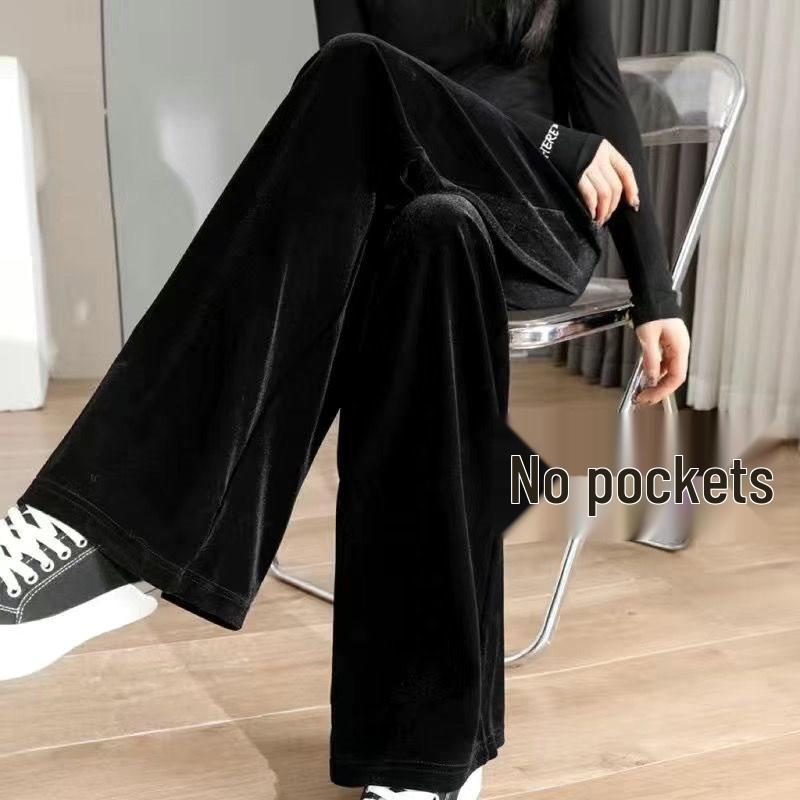 Women's High-Waist Gold Velvet Wide-Leg Pants - Spring/Autumn 2024 Collection, Plus Size, Draping Straight-Leg Trousers