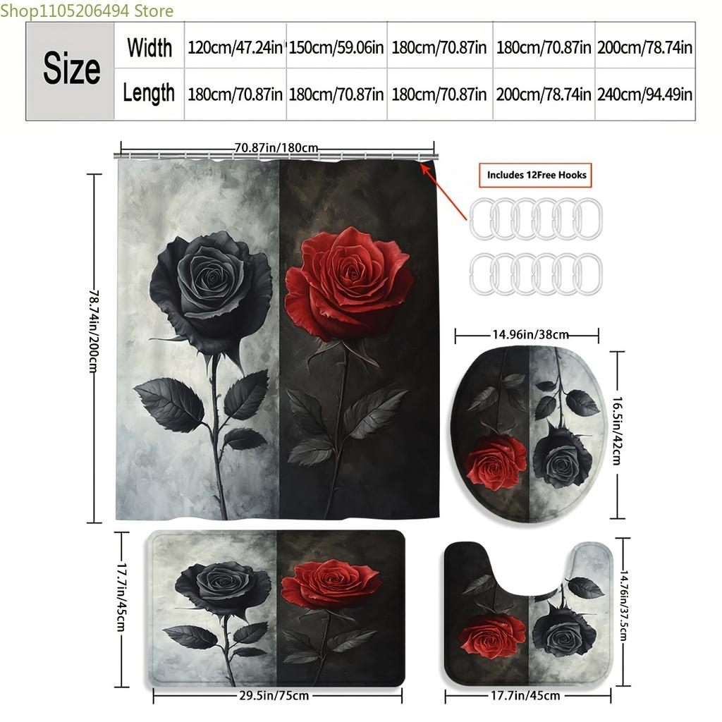 1/3/4 Stück Schwarze und Rote Rosen Duschvorhang, Badezimmerdekoration, Duschvorhang-Set Enthält Badezimmerteppich, U-förmigen Teppich, Toilettendeckel