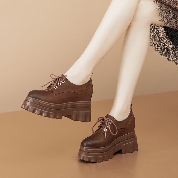 Small Leather Shoes Women's 10cm Inner Height Increase Front Lace-up Single Shoes Genuine Leather 2025 New Thick-soled Ultra-high Heel Muffin Bottom