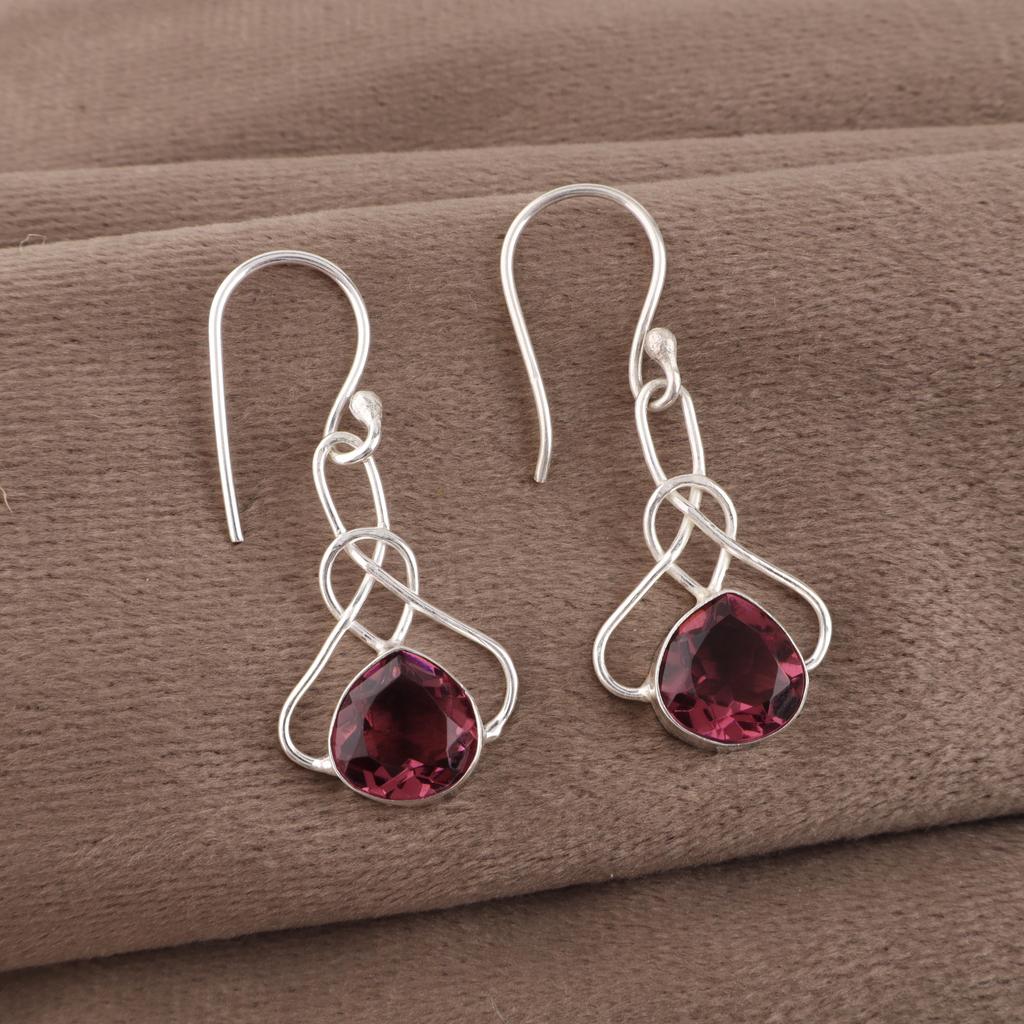 Rhodolith Edelstein Schmuck, Handgefertigter Silberschmuck, 925 Sterling Silber Ohrringe, Wunderschöne Silberohrringe für Hochzeitsgeschenk