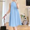 Women Casual Stand Collar Summer Off Shoulder Sleeveless Dress