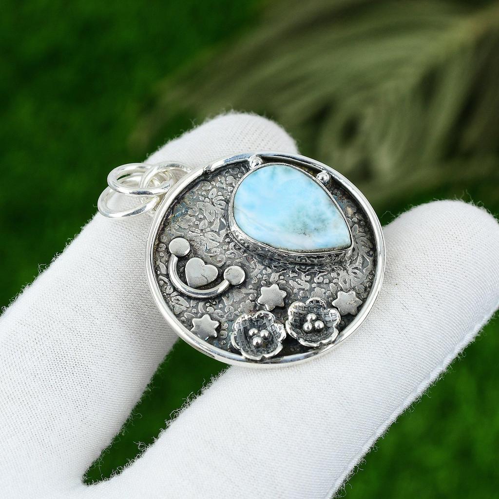 Geschenk für Frauen Schmuck Anhänger 925 Sterlingsilber Natürlicher Larimar Edelstein