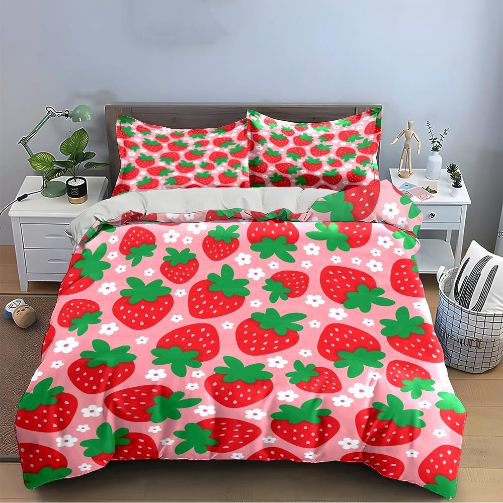 Strawberry Print Bedding Set Pink Decor Bedding set (1 duvet cover, 2 pillowcases, duvet not included)