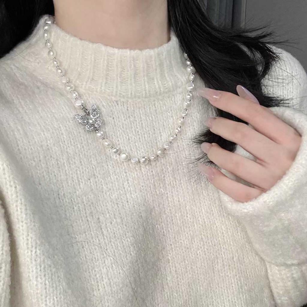 50CM Butterfly Buckle Sweater Chain AAA Baroque Long Necklace 6-8mm Natural White Freshwater Pearl Immortal Charm Pearl