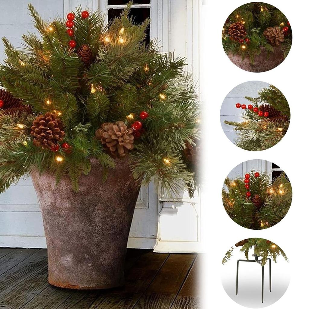 Lighted Christmas Filler Lit Xmas Trees With Golden & Red Berries Tripod Stake And LED Lights Outdoor Light Up Planter Filler