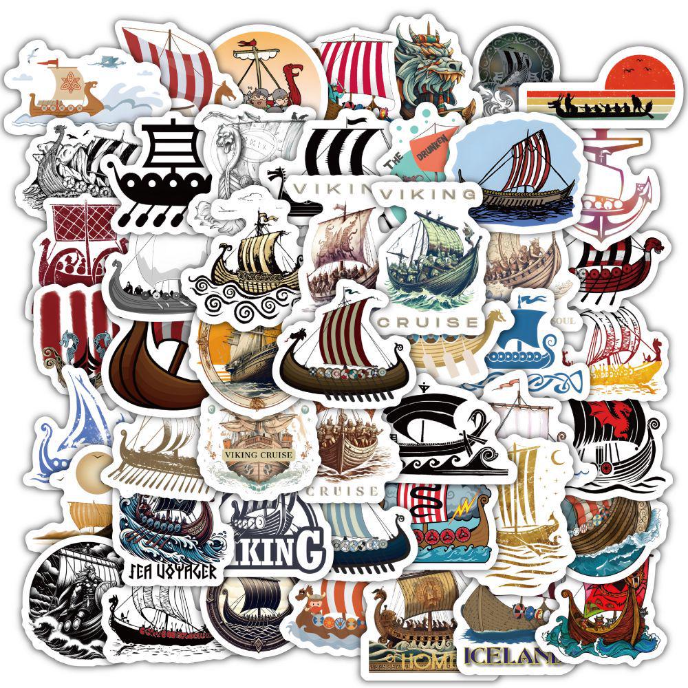 Viking Longship Cartoon Stickers: 60pcs Waterproof Graffiti Decals for Laptop & Journal Decoration