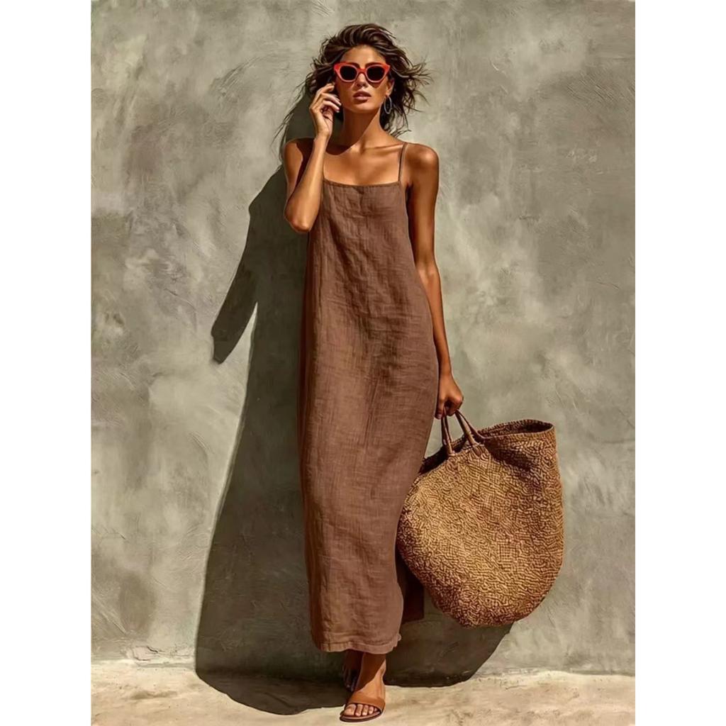 Summer New Solid Color Suspender Wide Truffle Back Sleeveless Dress