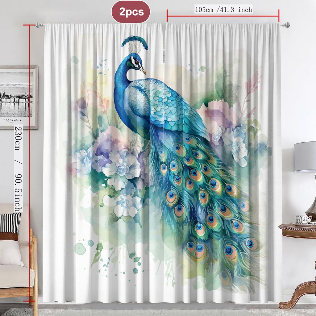 2PC Home Decoration Curtains, Peacock Background With Rod Pocket Curtains, Kitchen, Coffee Shop, Living Room, Balcony, Garden
