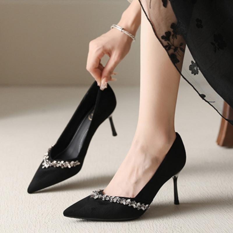 Women's Thin Heel Shoes Autumn New Pointed Head Shallow Mouth Crystal Anti-slip Wear-resistant Slip-on High Heels