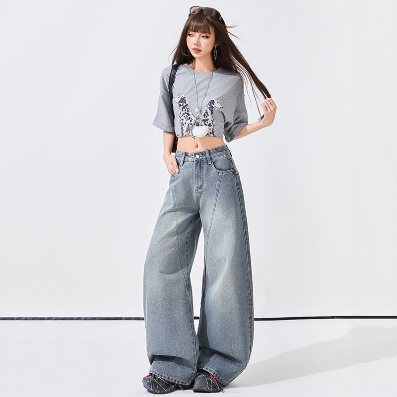 Spring Summer Light Blue High Waist Patchwork Relaxed Floor Wide Leg Denim Pants For Women Casual Pants Oversize Denim Trousers XS
