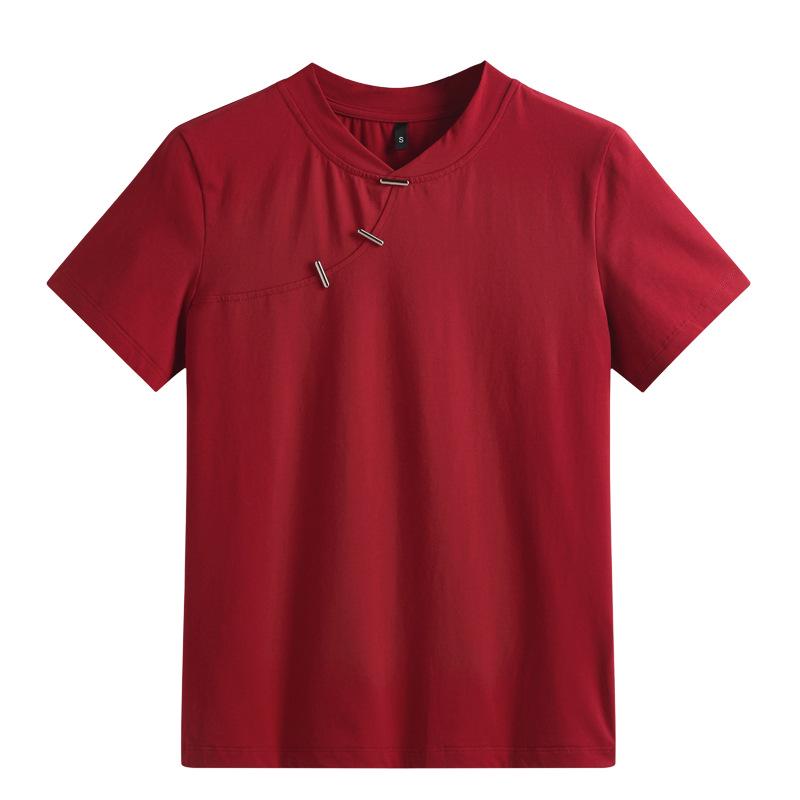 Enhanced Slim Fit Minimalist Cotton T-Shirt with Chinese and Korean Style Buttons - Short Sleeve Women's Top