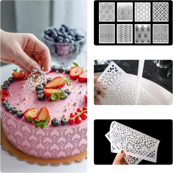DI QIU REN 8PCS Cake Decorating Stencils & Templates, 8x9.8Inches Large Floral Cake Printing Fine Hollow Lace Cookie Fondant Dessert Cake Templates,