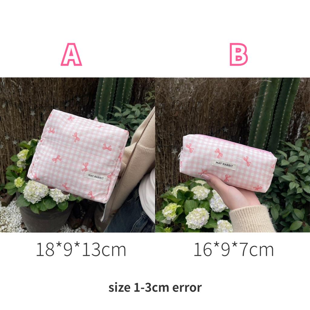 Sweet Bow Women's Storage Bag Large Capacity Female Cosmetic Bags Cute Plaid Makeup Clutch Purse Portable Girls Pencil Case