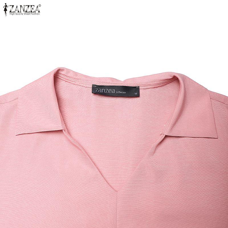 ZANZEA Vestido largo suelto informal de manga corta con cuello vuelto para mujer
