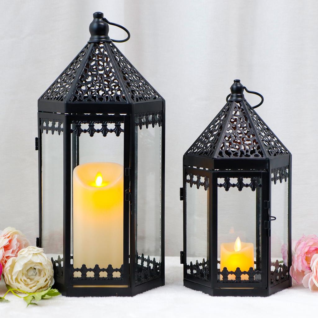 Set of Two Vintage Black Hanging Moroccan Candle Lantern Metal Candle Holder for Home Wedding Decor