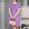 ZANZEA Women Casual Fake Two Piece Patchwork Short Sleeve Print Dress