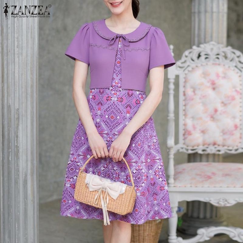 ZANZEA Women Casual Fake Two Piece Patchwork Short Sleeve Print Dress