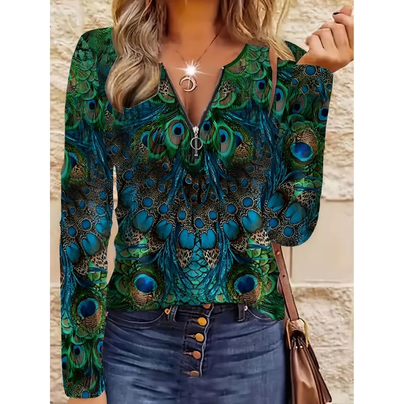 Animal Peacock Element Print Zipper Long Sleeves