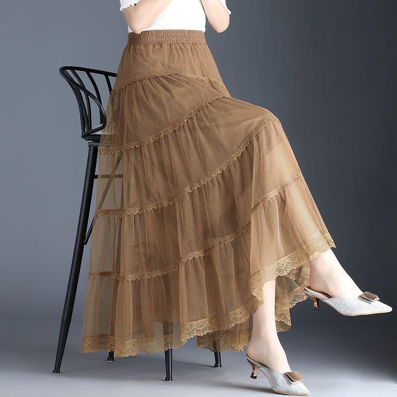 Mesh Half Skirt Autumn Half Skirt Lace Lace Long Skirt A-line Pleated Cake Skirt