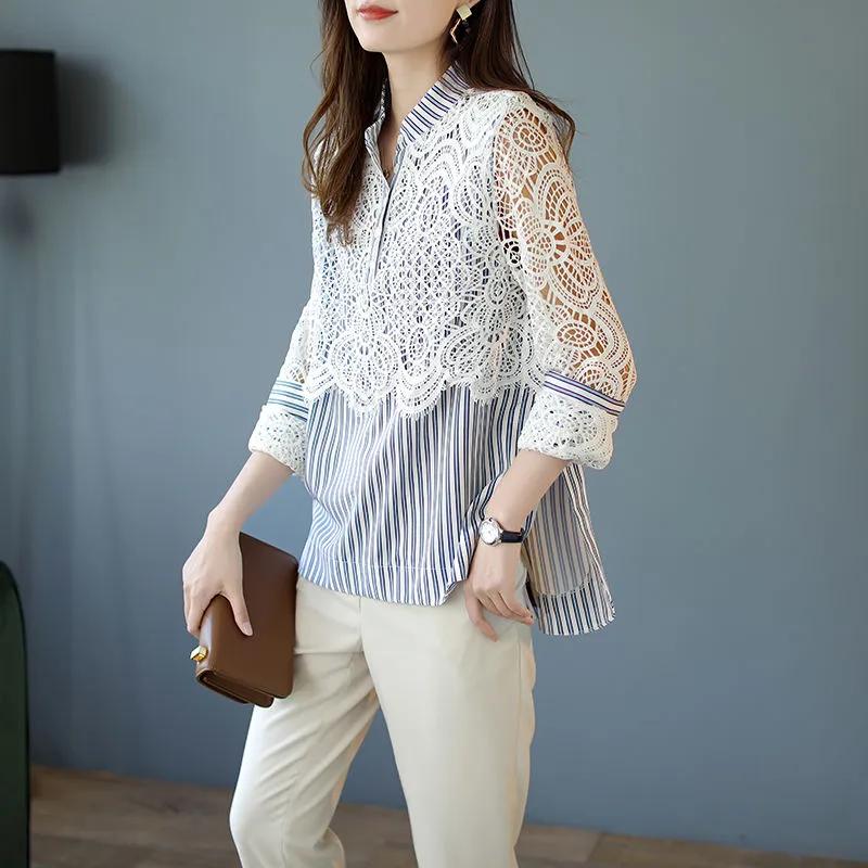 Women's Spring/Fall Long-Sleeve Lace-Panel Striped Shirt Elegant, Youthful, Loose-Fit Top