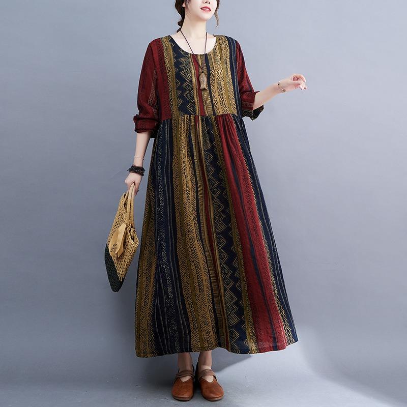 Real early autumn new retro age-reducing ethnic style round neck long-sleeved pendulum dress women